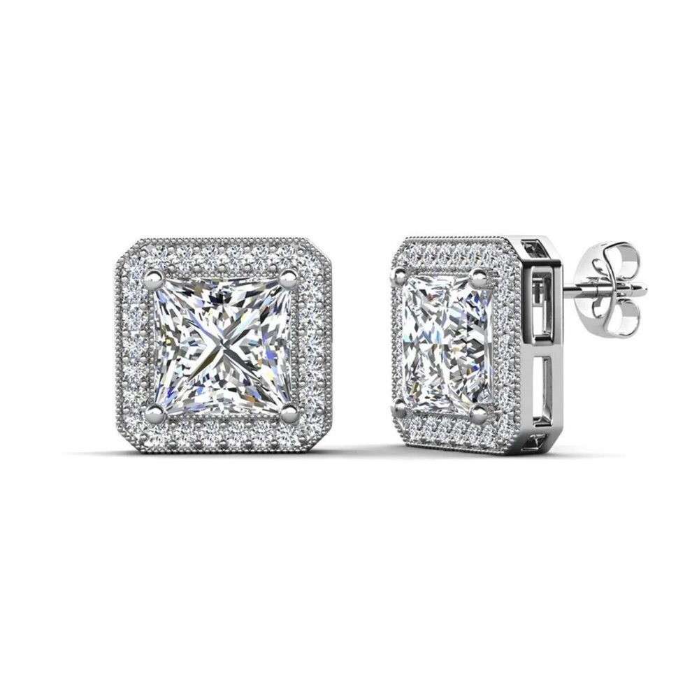 NWT Cate & Chloe Norah 18K White Gold Plated Princess Cut Halo Stud Earrings - Picture 3 of 7